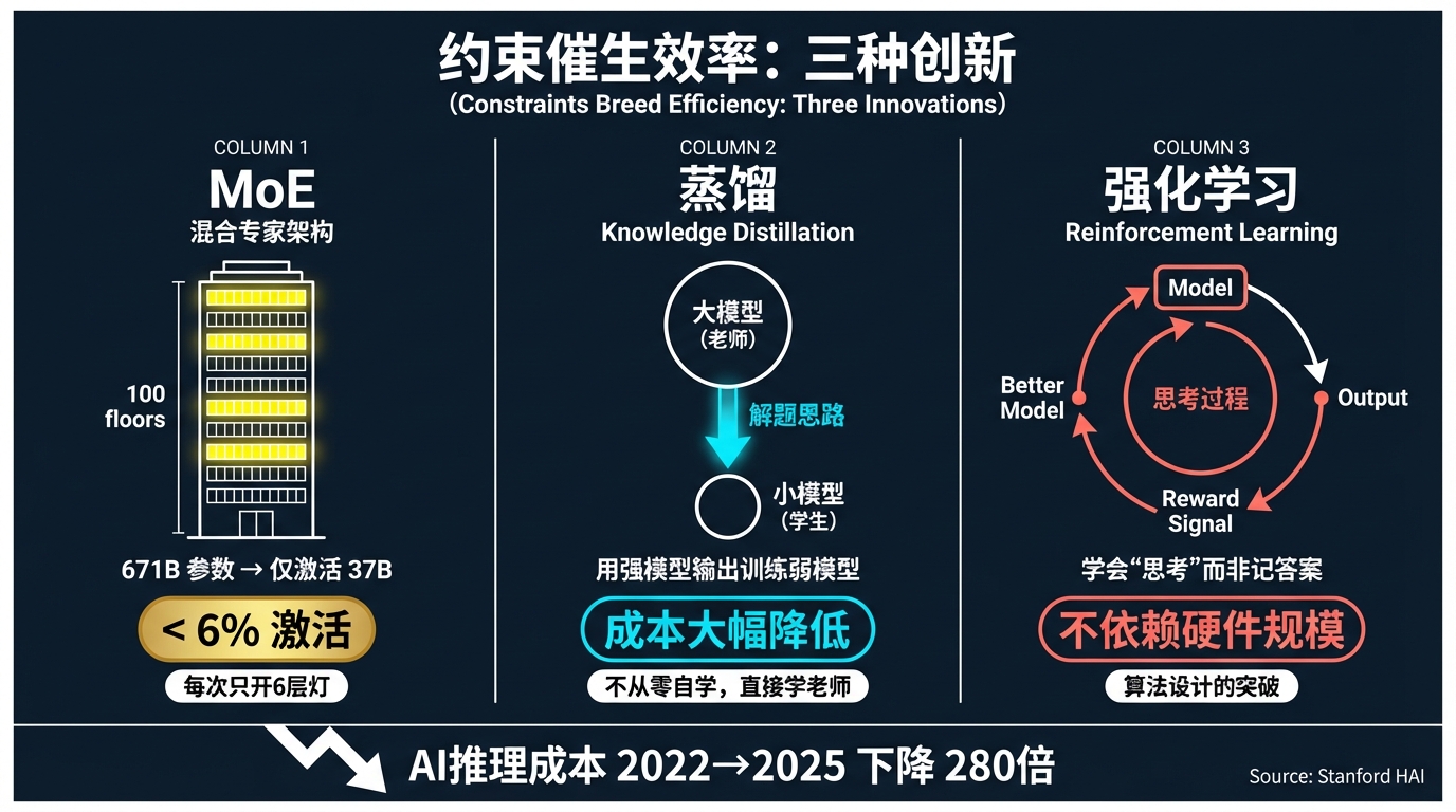 约束催生效率:MoE、蒸馏、强化学习三种创新