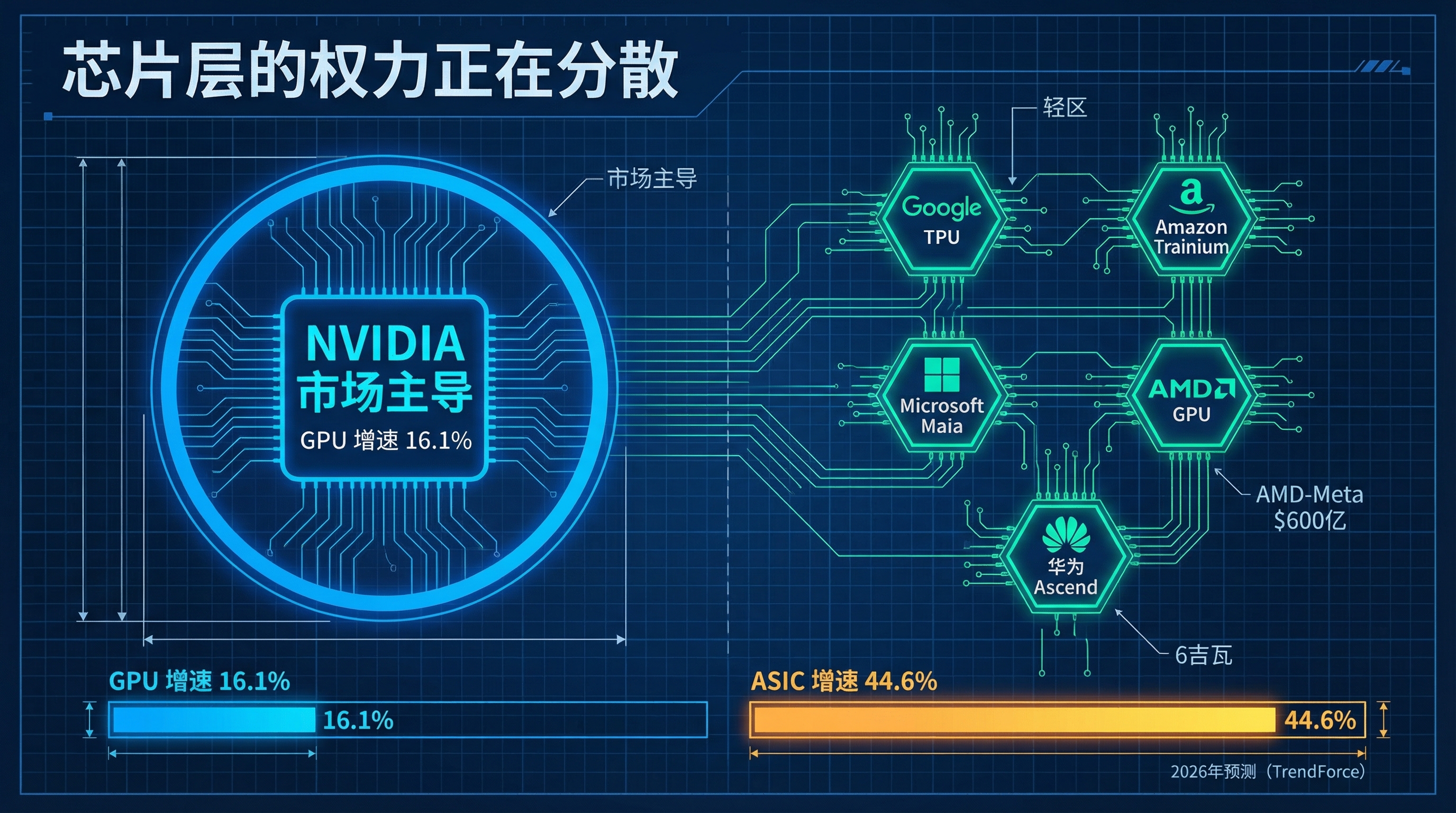 AI芯片市场格局转变:GPU增速16.1% vs ASIC增速44.6%,从NVIDIA一家独大走向多元竞争