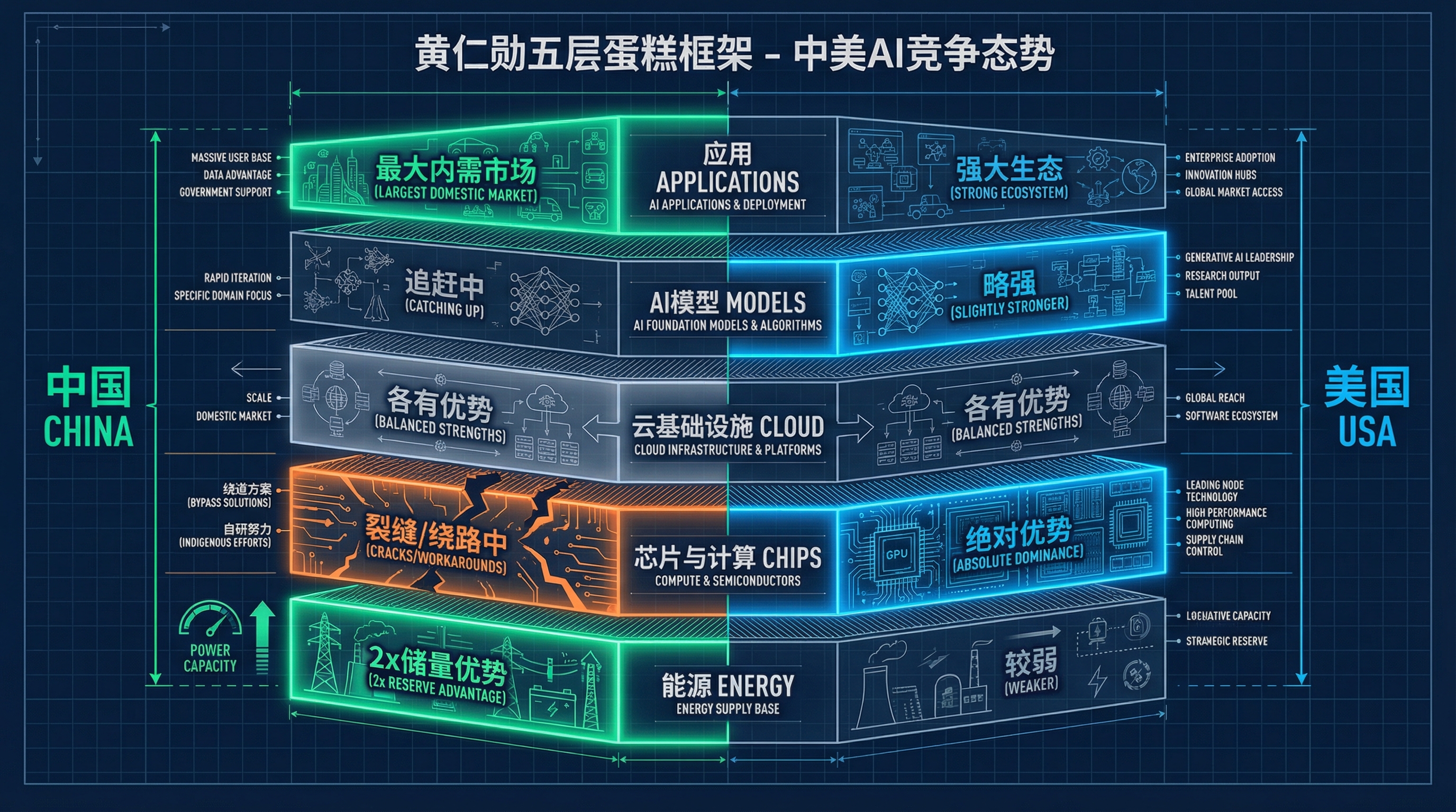 黄仁勋五层蛋糕框架:中美AI竞争各层态势对比
