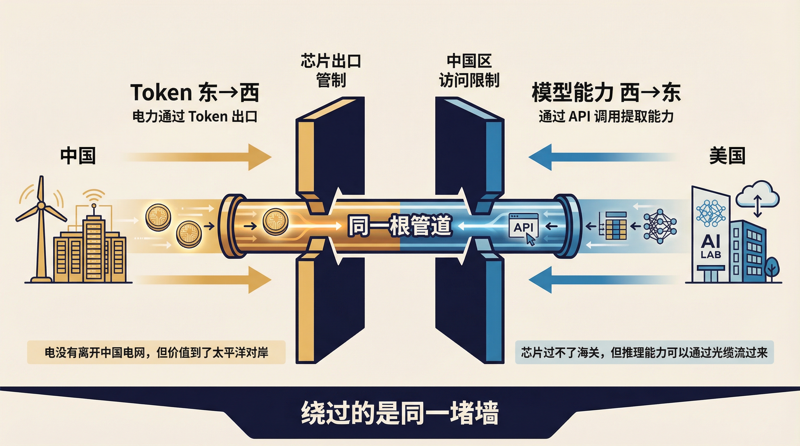 同一条光缆,两个方向:Token 东→西与模型能力西→东