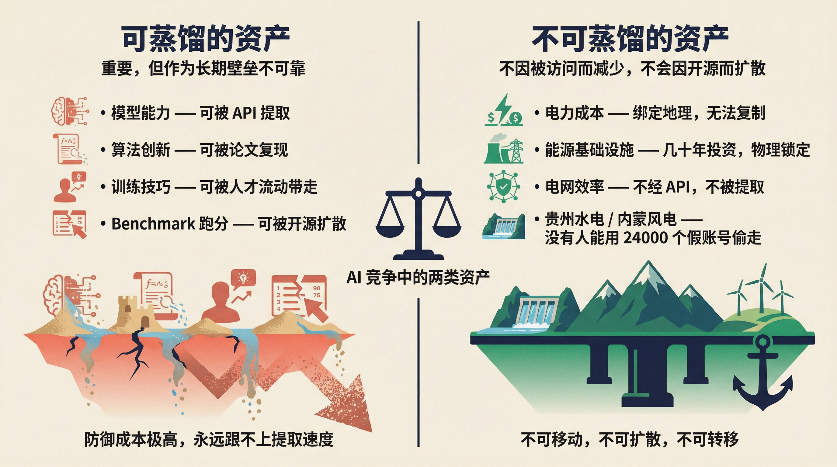 AI 竞争中的两类资产:可蒸馏 vs 不可蒸馏